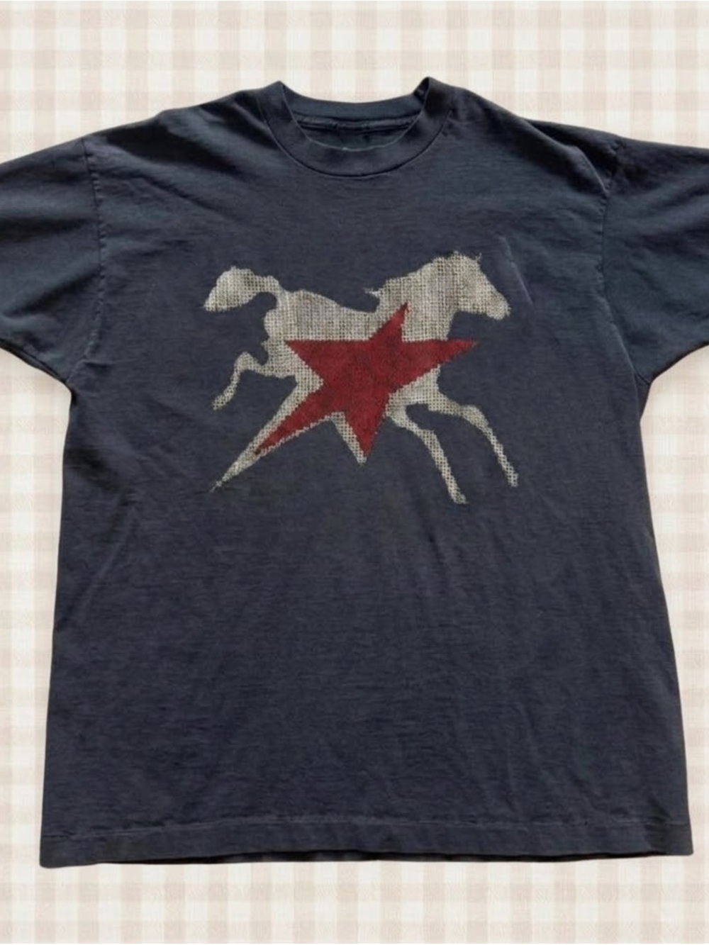 Gildan Vintage Black Graphic Tee with Horse & Red Star